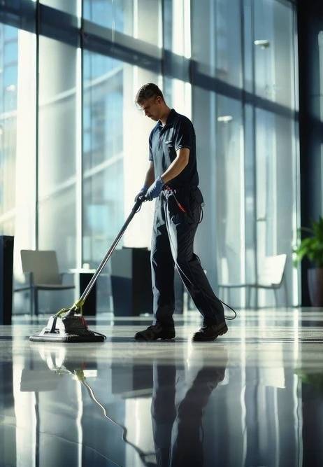 Man using floor cleaner