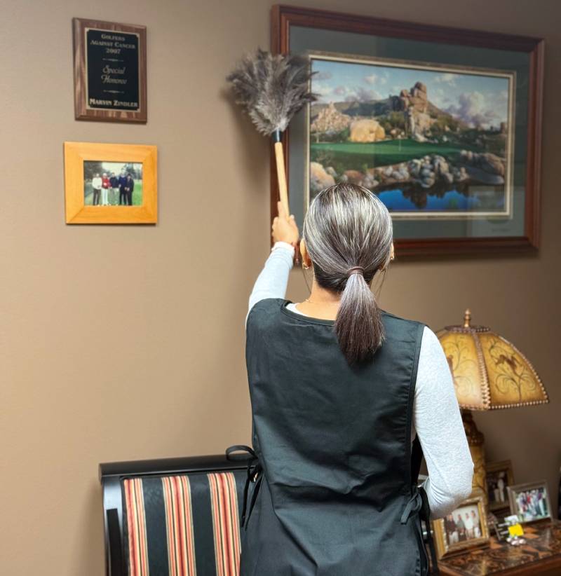 A professional cleaner ensuring dust-free surfaces.