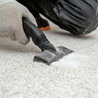 Commercial janitor using extraction equipment on carpeted office floor