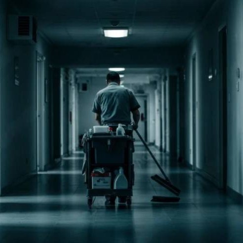 A janitorial worker cleaning an office building at night